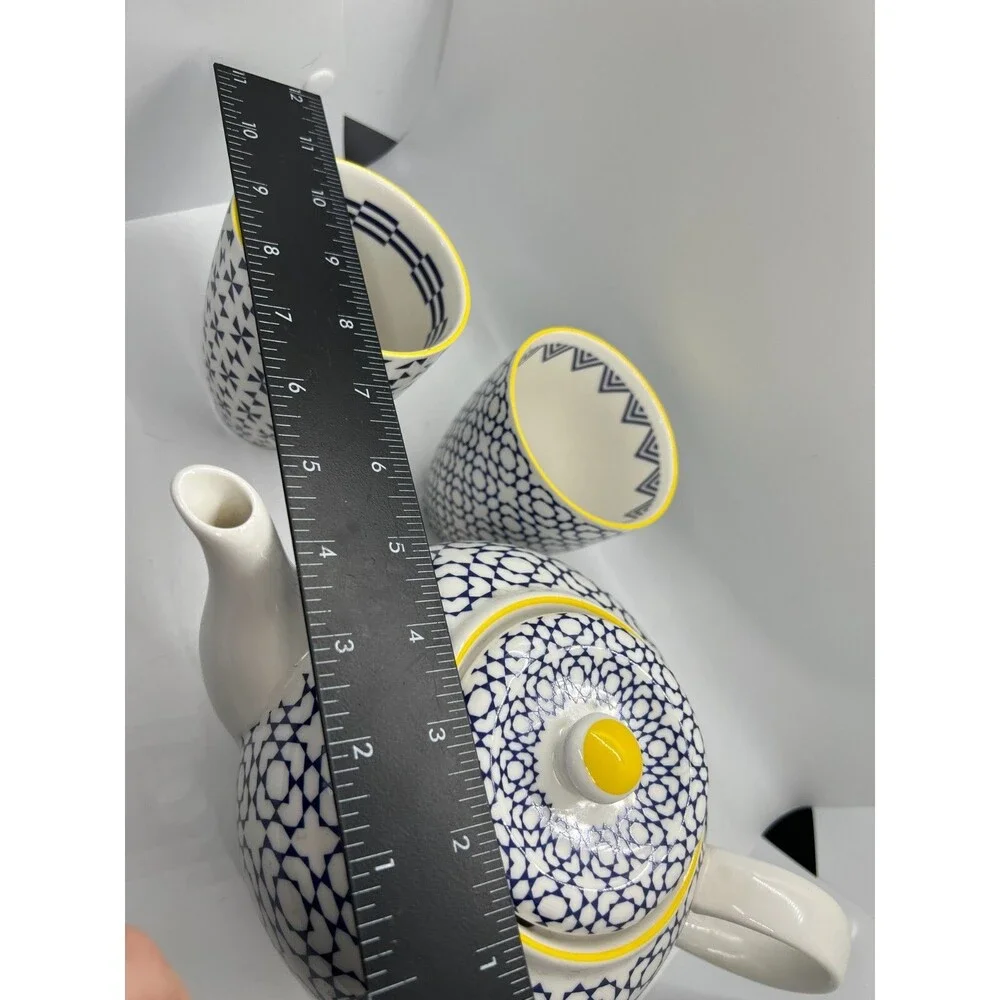 Tokyo Design Studio Nippon Blue Porcelain Teapot & 2 cups yellow white set japan